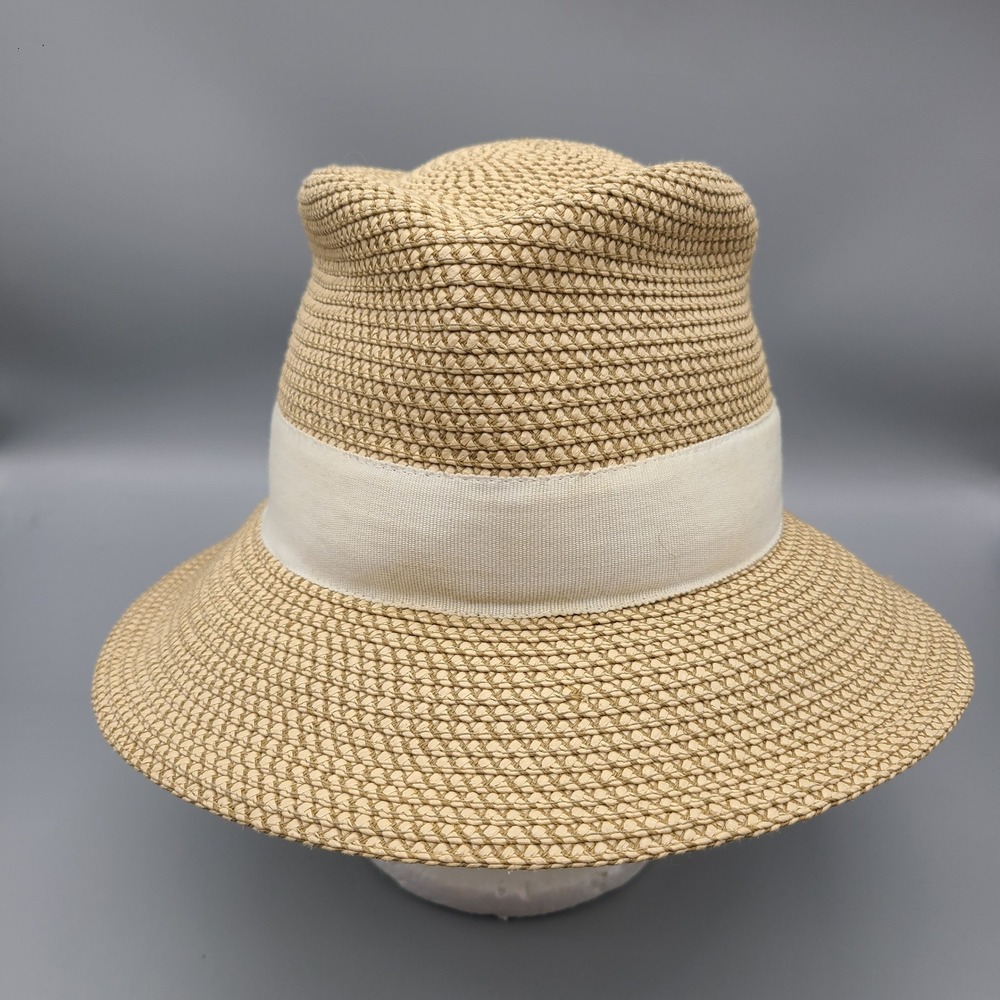 Eric Javits New York Tan Squishee Fedora Sun Hat UPF 50+ Cream Ribbon Wide Brim